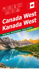 mappa stradale Canada Ovest - con Vancouver, Calgary, British Columbia, Alberta - cartografia con una ricca simbologia stradale facile da consultare - con parchi, riserve naturali, luoghi panoramici, distanze stradali - EDIZIONE 2024