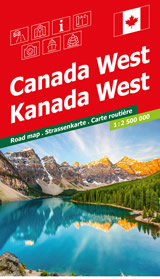 mappa Canada con Vancouver, Calgary, British Columbia, Alberta cartografia una ricca simbologia stradale facile da consultare parchi, riserve naturali, luoghi panoramici, distanze stradali 2024