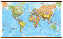 Planisfero Fisico-Politico, Plastificato e Laminato - con cartografia molto dettagliata e aggiornata, con eleganti aste in legno e ganci in acciaio, facile da applicare a parete - 200 x 125 cm - nuova edizione