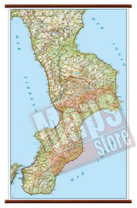 Calabria - carta murale plastificata con eleganti aste in legno - cartografia dettagliata ed aggiornata - 86 x 108 cm