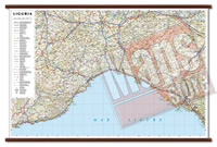 Liguria - carta murale con cartografia dettagliata ed aggiornata - plastificata, con eleganti aste in legno - 96 x 63 cm - edizione 2021