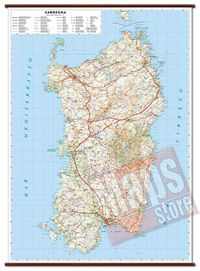 Sardegna - carta murale con cartografia dettagliata ed aggiornata - plastificata, con eleganti aste in legno - 86 x 119 cm - edizione 2021