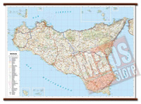 Sicilia - carta murale con cartografia dettagliata ed aggiornata - plastificata, con eleganti aste in legno - 119 x 86 cm - edizione 2021