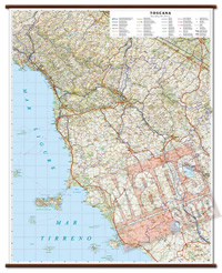 Toscana - carta murale con cartografia dettagliata ed aggiornata - plastificata, con eleganti aste in legno - 92 x 114 cm - edizione 2024