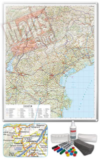 Carta Murale Magnetica del Veneto - cartografia dettagliatissima ed aggiornata - su robusto pannello in acciaio smaltato con cornice in alluminio anodizzato, scrivibile e lavabile + kit lavagna magnetica in omaggio (spray per la pulizia, calamite, pennarelli, cimosa e portapennarelli calamitati) - 100 x 90 cm