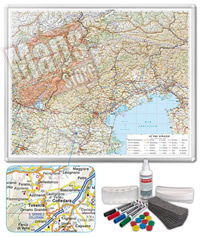 Carta Murale Magnetica delle Tre Venezie - cartografia dettagliatissima ed aggiornata - su robusto pannello in acciaio smaltato con cornice in alluminio anodizzato, scrivibile e lavabile + kit lavagna magnetica in omaggio (spray per la pulizia, calamite, pennarelli, cimosa e portapennarelli calamitati) - 90 x 75 cm