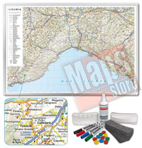 Carta Murale Magnetica della Liguria - cartografia dettagliatissima ed aggiornata - su robusto pannello in acciaio smaltato con cornice in alluminio anodizzato, scrivibile e lavabile + kit lavagna magnetica in omaggio (spray per la pulizia, calamite, pennarelli, cimosa e portapennarelli calamitati) - 100 x 65 cm