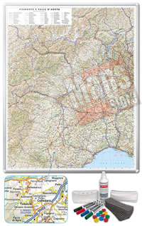 Carta Murale Magnetica del Piemonte e Valle d'Aosta - cartografia dettagliatissima ed aggiornata - su robusto pannello in acciaio smaltato con cornice in alluminio anodizzato, scrivibile e lavabile + kit lavagna magnetica in omaggio (spray per la pulizia, calamite, pennarelli, cimosa e portapennarelli calamitati) - 90 x 110 cm