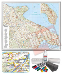 Carta Murale Magnetica della Puglia - cartografia dettagliatissima ed aggiornata - su robusto pannello in acciaio smaltato con cornice in alluminio anodizzato, scrivibile e lavabile + kit lavagna magnetica in omaggio (spray per la pulizia, calamite, pennarelli, cimosa e portapennarelli calamitati) - 110 x 90 cm