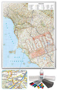 Carta Murale Magnetica della Toscana - cartografia dettagliatissima ed aggiornata - su robusto pannello in acciaio smaltato con cornice in alluminio anodizzato, scrivibile e lavabile + kit lavagna magnetica in omaggio (spray per la pulizia, calamite, pennarelli, cimosa e portapennarelli calamitati) - 92 x 112 cm - edizione 2019