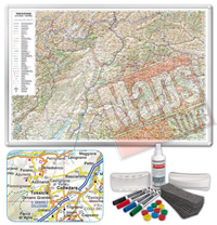 Carta Murale Magnetica del Trentino Alto Adige - cartografia dettagliatissima ed aggiornata - su robusto pannello in acciaio smaltato con cornice in alluminio anodizzato, scrivibile e lavabile + kit lavagna magnetica in omaggio (spray per la pulizia, calamite, pennarelli, cimosa e portapennarelli calamitati) - 100 x 70 cm