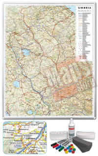 Carta Murale Magnetica dell'Umbria - cartografia dettagliatissima ed aggiornata - su robusto pannello in acciaio smaltato con cornice in alluminio anodizzato, scrivibile e lavabile + kit lavagna magnetica in omaggio (spray per la pulizia, calamite, pennarelli, cimosa e portapennarelli calamitati) - 65 x 90 cm