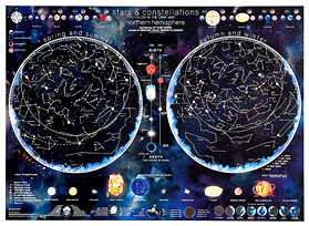 Carta delle Stelle e Costellazioni - visibile al buio, con i due emisferi celesti australe e boreale - 85 x 60 cm