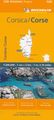 mappa Corsica con Ajaccio, Bastia, Calvi, Bonifacio, Corte, Sartène stradale Michelin n.528 spiagge, itinerari e luoghi panoramici