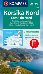 mappa topografica Corsica del Nord - set di 3 mappe escursionistiche con sentieri e GR20 per il trekking e MTB - Kompass n.2250 - mappe compatibili con GPS - EDIZIONE 2024