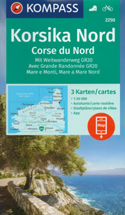 mappa Corsica del set di 3 mappe escursionistiche con sentieri e GR20 per il trekking MTB Kompass n.2250 compatibili GPS 2022