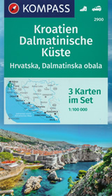 mappa Costa Croazia e Dalmazia Rijeka, Krk, Cres, Rab, Senj, Pag Nin, Zadar, Sibenik, Split, Brac, Hvar, Vis, Luka, Dubrovnik, Podgorica, Ulcinj Set di 3 mappe escursionistiche compatibili con GPS Kompass n.2900 spiagge luoghi panoramici 2023