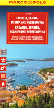 mappa Croazia, Slovenia, Serbia, Bosnia Erzegovina con Lubiana, Maribor, Kranj, Zagabria (Zagreb), Spalato (Split), Fiume (Rijeka), Osijek, Zara (Zadar), Slavonski Brod, Velika Gorica, Karlovac, Pola (Pula), Sarajevo, Mostar, Banja Luka stradale impermeabile spiagge, strade e luoghi panoramici 2025