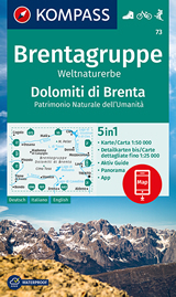 mappa n.73 Dolomiti di Brenta, Madonna Campiglio, Pinzolo, Andalo, Molveno, Fai Paganella, Lago Trento, Ossana, Stenico, Cles, Mezzocorona, Aldeno, Drena, Bondo, Tione Cogolo con informazioni turistiche, sentieri CAI, percorsi panoramici e parchi naturali plastificata, compatibile GPS + panoramica 2023