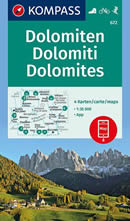 mappa topografica DOLOMITI - set di 4 mappe escursionistiche, compatibili con sistemi GPS - con sentieri, rifugi, percorsi panoramici e vie ferrate - n.672 Kompass - nuova edizione