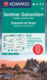 mappa Dolomiti di Sesto / Sexter Dolomiten, Dobbiaco Toblach, San Candido Innichen, Lienz, Sillian, S. Maddalena, Villgrater Berge, Gr. Sandspitze, Misurina, Tre Cime Lavaredo, Auronzo Cadore, Sappada, Alpi Carniche, Obertilliach Kompass n.58 escursionistica, plastificata, compatibile con GPS + panoramica 2024