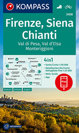 mappa Firenze, Siena, Chianti, Val di Pesa, d'Elsa, Monteriggioni, Impruneta, Dicomano, Pontassieve, Reggello, Figline Valdarno, Greve in Tavarnelle, Radda San Gimignano Kompass n.2458 con informazioni turistiche, sentieri CAI, percorsi panoramici e parchi naturali plastificata, compatibile GPS 2023