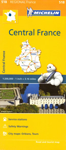 mappa stradale n. 518 - Francia centrale - con Orlèans, Montargis, Pithiviers, Châteaudun, Chartres, Dreux, Nogent-le-Rotrou, Vendôme, Blois, Romorantin-Lanthenay, Tours, Chinon, Loches, Vierzon, Issoudun, Le Blanc, La Châtre, Châteauroux, Saint-Amand-Montrond, Bourges, Cosne-Cours-sur-Loire - mappa stradale con stazioni di servizio e autovelox - nuova edizione