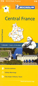 mappa n. 518 Francia con Orlèans, Montargis, Pithiviers, Châteaudun, Chartres, Dreux, Nogent le Rotrou, Vendôme, Blois, Romorantin Lanthenay, Tours, Chinon, Loches, Vierzon, Issoudun, Blanc, La Châtre, Châteauroux, Saint Amand Montrond, Bourges, Cosne Cours sur Loire stradale stazioni di servizio e autovelox