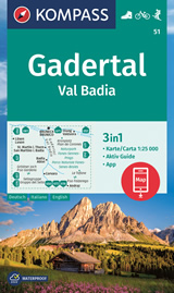 mappa Gadertal / Val Badia Corvara, Passo Gardena, Gruppo del Sella, San Martino, Luson, Brunico, Valdaora, Pian de Corones, Parco Naturale Fanes Senes Braies, Le Tofane, Falzarego Kompass n.51 escursionistica, plastificata, compatibile con GPS 2024