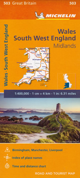 mappa n.503 Galles/Wales, Midlands, Inghilterra / South West England (Gran Bretagna) con Cardiff, Bristol, Plymouth, Birmingham, Southampton, Oxford, Nottingham, Manchester, Liverpool