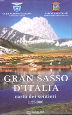 mappa topografica Gran Sasso d'Italia - carta dei sentieri - con rifugi, percorsi CAI numerati, cascate, sorgenti, grotte - nuova edizione