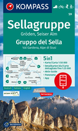 mappa Gruppo del Sella / Sellagruppe, Alpe di Siusi, Val Gardena, Corvara, Badia, Vigo Fassa, Moena, Marmolada, Canazei, Alleghe, Vich, Cornedo, Ortisei, Chiusa, Passo Pordoi Kompass n.59 compatibile con GPS + panoramica 2023