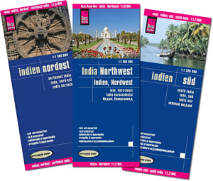 mappa India set di 3 mappe stradali Ovest, e con parchi, riserve naturali, templi, fonti termali, luoghi interesse turistico, spiagge, distanze impermeabili antistrappo