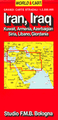 mappa Iran, Iraq con la Silk Road (Chemin de Soie), Kuwait, Armenia, Siria, Libano, Giordania, Bahrein, Qatar, Pakistan e Afghanistan occidentale distanze stradali, aeroporti, parchi nazionali, linee marittime ferrovie