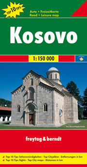 mappa stradale Kosovo - con Prishtinë (Priština), Prizren (Prizren), Ferizaj (Uroševac), Gjakova (Đakovica), Podujevë (Podujevo), Gjilan (Gnjilane), Pejë (Peć), Mitrovicë (Kosovska Mitrovica), Malishevë (Mališevo) - mappa stradale con luoghi panoramici, parchi e riserve naturali - nuova edizione