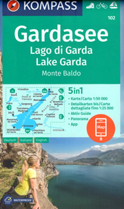 mappa topografica Lago di Garda, Monte Baldo, Riva del Garda, Salò, Desenzano del Garda, Sirmione, Lago d'Idro, Caprino Veronese, Lago di Ledro - con informazioni turistiche, sentieri CAI, percorsi panoramici e parchi naturali - mappa plastificata, compatibile con GPS + mappa panoramica - Kompass n.102 - EDIZIONE 2023