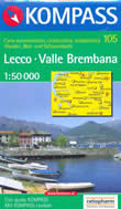 mappa topografica n.105 - Lecco, Valle Brembana - con Oggiono, Zogno, Brumano, Morbegno, Varenna, Tartano - mappa plastificata