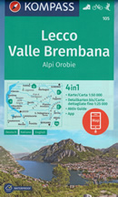 mappa topografica n.105 - Lecco, Valle Brembana, Oggiono, Zogno, Brumano, Morbegno, Varenna, Tartano, Lago di Como, San Pellegrino Terme, Sondrio - con informazioni turistiche, sentieri CAI, percorsi panoramici e parchi naturali - mappa plastificata, compatibile con GPS - edizione 2021