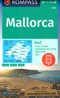 mappa Maiorca / Mallorca con Palma de Maiorca, Llucmajor, Campos, Santanyi, Cala d'Or, Millor, Felanitx, Manacor, Artà, Alcudia, Pollença, Soller, Valldemossa, Andratx, Peguera, Colonia Sant Jordi escursionistica, spiagge, itinerari, luoghi panoramici Kompass n.230 compatibile GPS