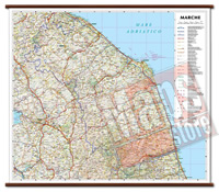 mappa Marche murale con cartografia dettagliata ed aggiornata plastificata, eleganti aste in legno 72 x 63 cm 2021