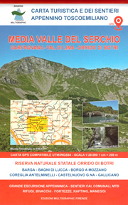 mappa n.20 Media Valle del Serchio, Garfagnana, Val di Lima, Orrido Botri, Barga, Bagni Lucca, Castelnuovo, Coreglia, Borgo a Mozzano, Gallicano con sentieri CAI e comunali, percorsi MTB, rifugi carta dei compatibile GPS 2022
