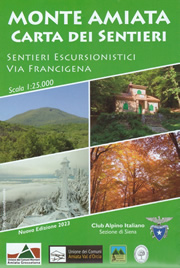 mappa topografica Monte Amiata - carta dei sentieri escursionistici C.A.I. e Via Francigena - con Abbadia San Salvatore, Campiglia d'Orcia, Vivo d'Orcia, Bagni San Filippo, Arcidosso, Piancastagnaio, Santa Fiora, Bagnolo, Castel del Piano, Seggiano - con rifugi, edifici storici, aree pic-nic, siti per arrampicata, miniere, cascate, sorgenti, luoghi panoramici, grotte, alberi monumentali - EDIZIONE 2023