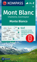 mappa topografica Monte Bianco, Chamonix, Courmayeur - con Aosta, Grand Combin, Liddes, Chamonix-Mont-Blanc, La Thuile, Valpelline, La Salle, Morgex, Les Chapieux, Saint-Gervais-les-Bains, Argentière - mappa escursionistica Kompass n.85 - plastificata, compatibile con GPS - EDIZIONE 2024