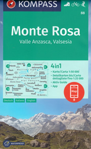 mappa n.88 Monte Rosa, Alagna Valsesia, Gressoney, Zermatt, Ceppo Morelli, Macugnaga, Scopello, Riva Valdobbia con informazioni turistiche, sentieri CAI e parchi naturali 2023