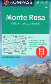 mappa topografica n.88 - Monte Rosa, Alagna Valsesia, Gressoney, Zermatt, Ceppo Morelli, Macugnaga, Scopello, Riva Valdobbia - con informazioni turistiche, sentieri CAI e parchi naturali - mappa plastificata - edizione 2023