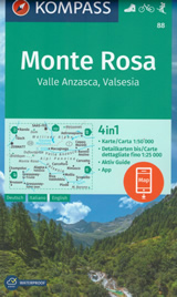 mappa topografica Monte Rosa, Alagna Valsesia, Gressoney, Zermatt, Ceppo Morelli, Macugnaga, Scopello, Riva Valdobbia - Kompass n.88 - con informazioni turistiche, sentieri CAI e parchi naturali - mappa plastificata - EDIZIONE Luglio 2023