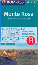 mappa topografica n.88 - Monte Rosa, Alagna Valsesia, Gressoney, Zermatt, Ceppo Morelli, Macugnaga, Scopello, Riva Valdobbia - con informazioni turistiche, sentieri CAI e parchi naturali - mappa plastificata - nuova edizione