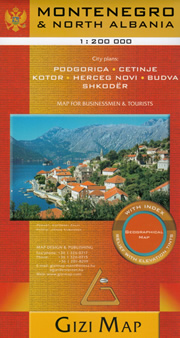 mappa Montenegro, dell'Albania con Podgorica, Cetinje, Kotor, Herceg Novi, Budva, Scutari / Shkodër stradale luoghi panoramici, parchi e riserve naturali
