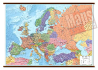 mappa Murale d'Europa con cartografia politica e fisica, molto dettagliata plastificata, eleganti aste in legno ganci acciaio 126 x 92 cm 2022