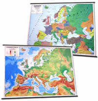 mappa Murale d'Europa fisica e politica scolastica stampata fronte retro con aste in plastica 130 x 100 cm